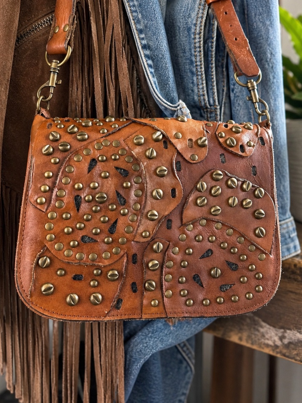 Patricia Nash Studded Leather Crossbody |  Boho | Raw Edge Distressed Saddle Bag